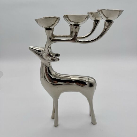 Reindeer Candle Holder Silver Tone 6 Point Metal Christmas Holiday Candelabra - Picture 3 of 8